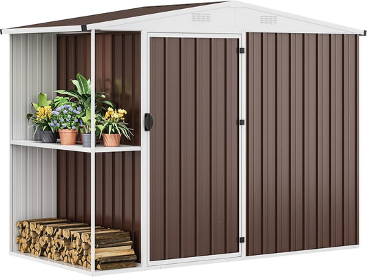 DWVO Outdoor Storage Shed 8x4FT with Rack, Metal Garden Shed with Storage Shelves, Bike Storage Tool Cabinet Box for Lawn Backyard Patio Use, Brown