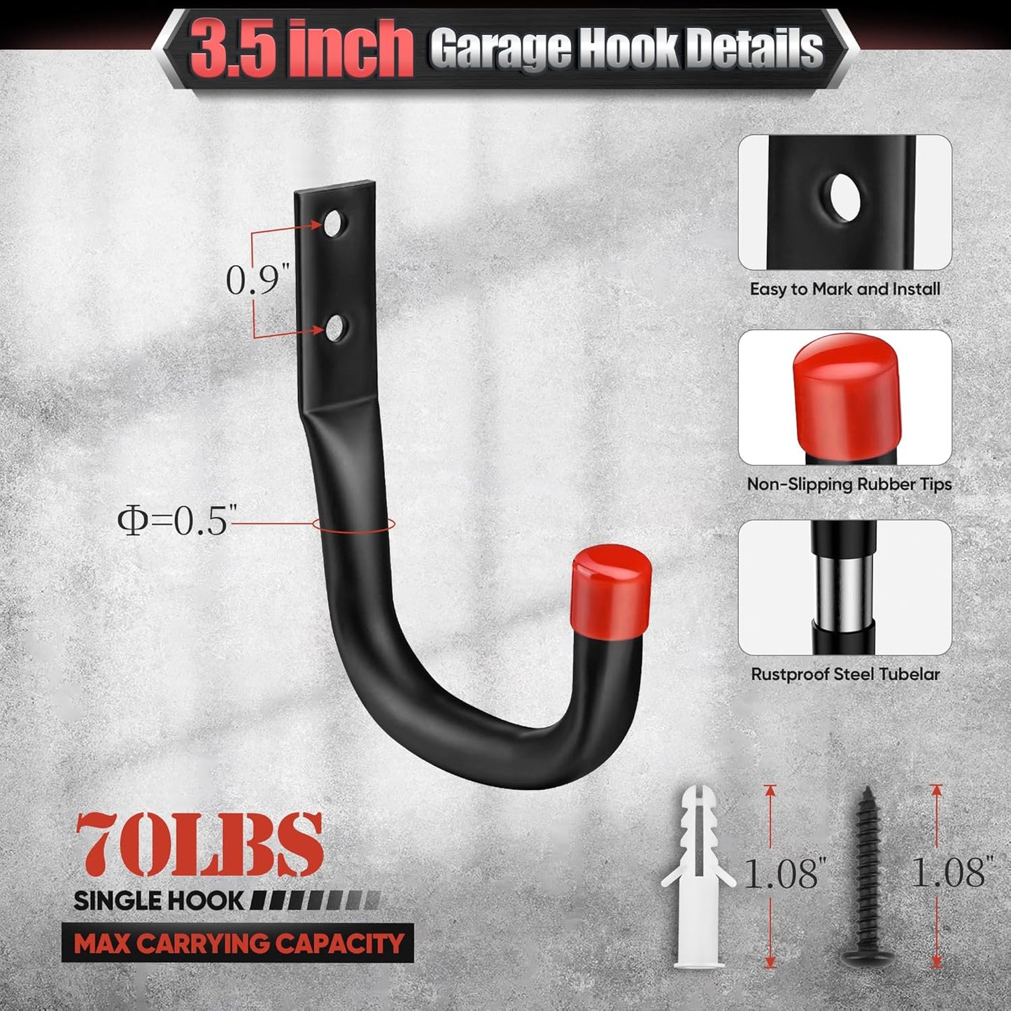 Nacial 24 Pack Garage Hooks Heavy Duty, 3.5" Garage Wall Hook with EVA Pads, 100LBS Capacity Hooks for Hanging Bikes, Kayak Folding Chairs and Hanging Ladders