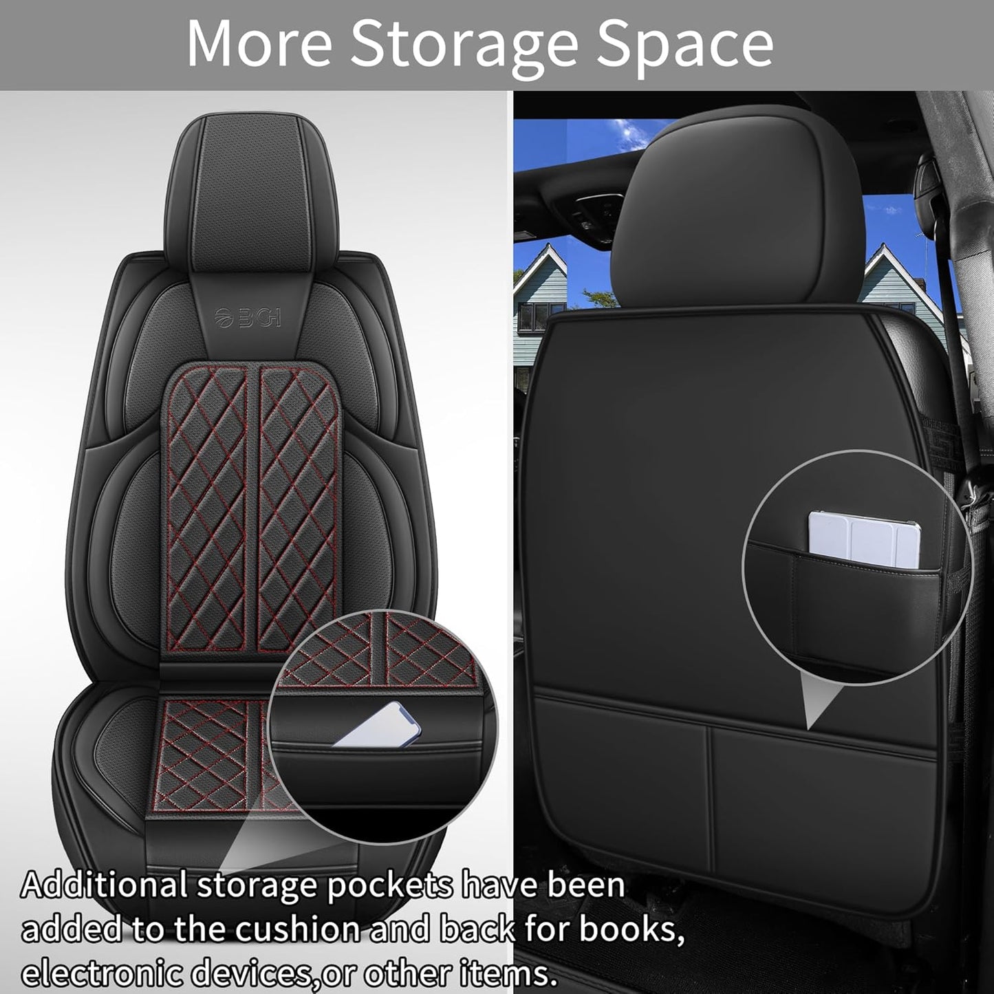 Car Seat Cover Custom Fit for Dodge Ram 1500 2500 3500 2002-2025 Faux Leather Seat Cover Set Compatible with Crew Quad Regular Cab Pickup Truck Cushions (Black Redline, Full Set, Curved Rear)