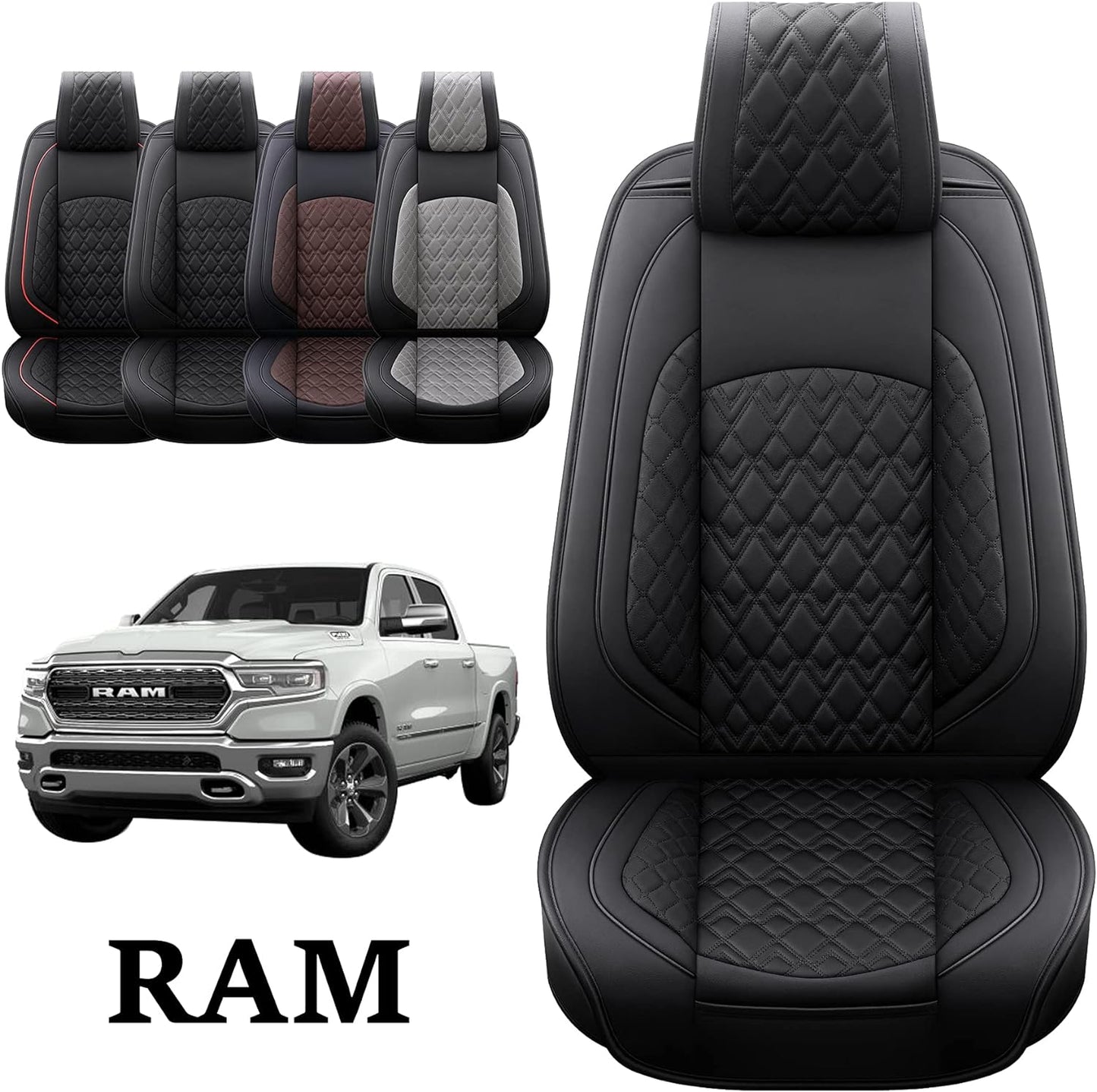 JOJOBAY Car Seat Covers for Dodge Ram Full Set,Fit Ram 2009-2023 1500/2500/3500 Pick-up Truck,Crew,Regular,Quad,Mega Cab,Waterproof Leather Seat Covers Protectors（5 PCS Full Set,Black）