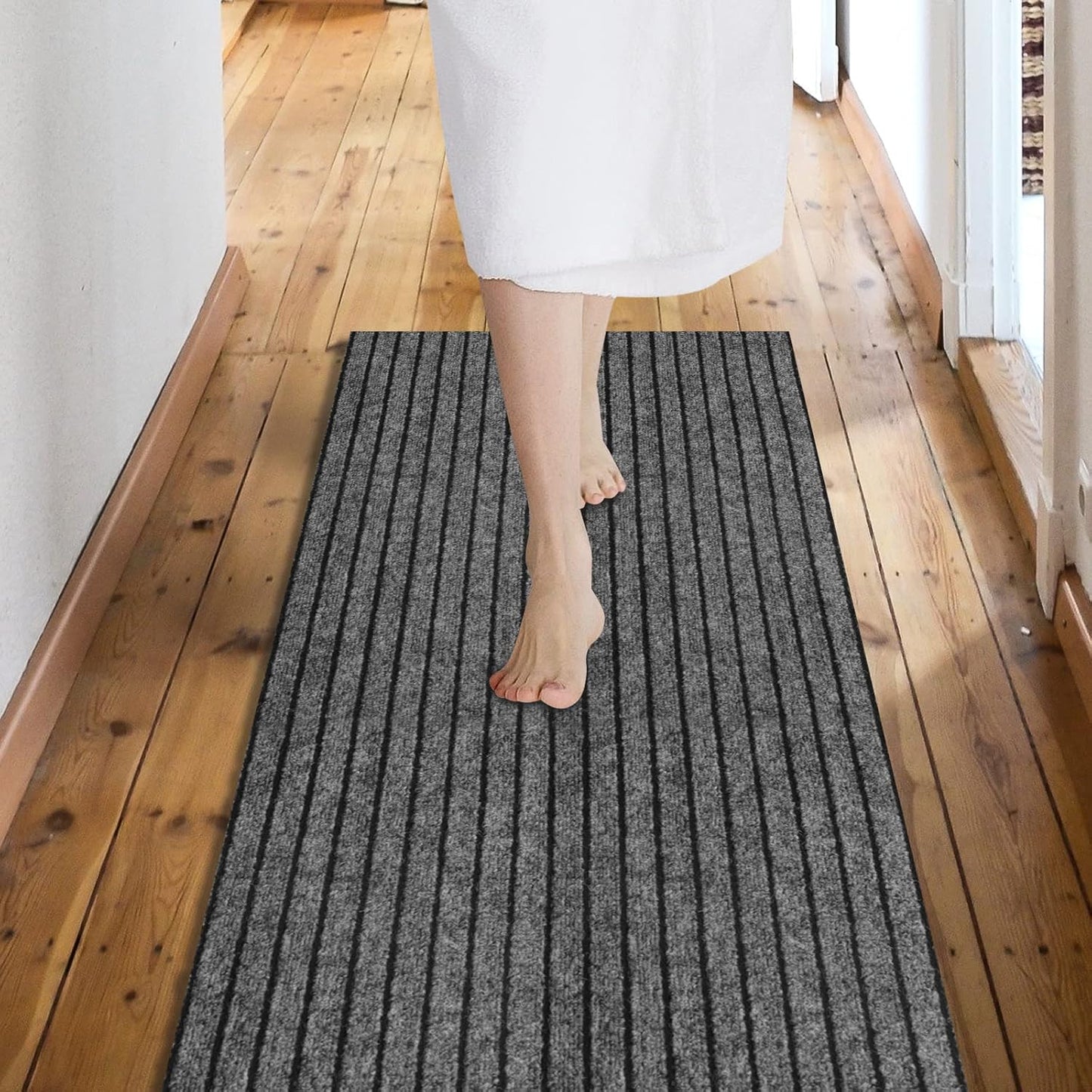 Custom Size Backed Non-Slip Area Rugs Runner, Easy Clean, Waterproof Runner Rugs for Hallway Entryway, Kitchen, Laundry, 2FT x 72FT, Gray Stripe