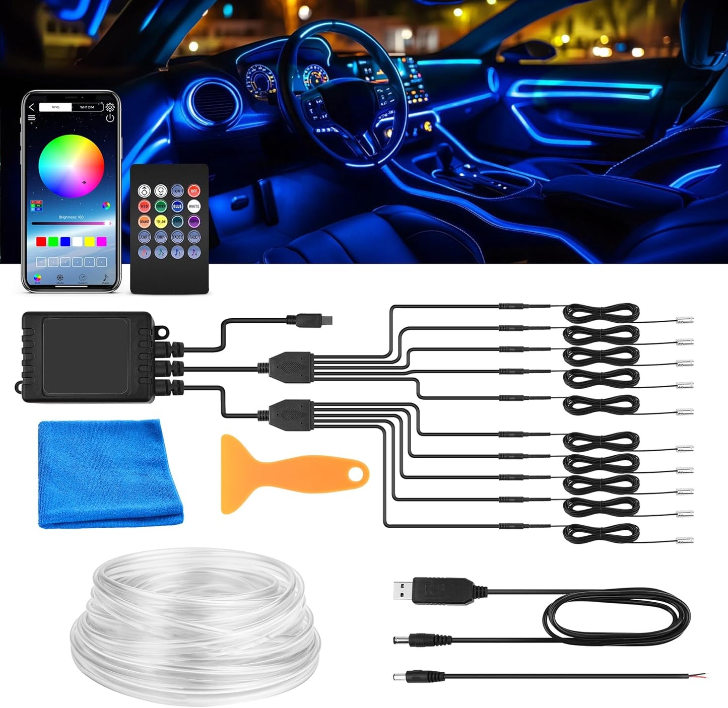 MICTUNING Car LED Interior Strip Light, 10 in 1 RGB Multicolor with 470 inches Fiber Optic Ambient Lighting Kits with Remote and APP Control, Car USB LED Strip Lights with Music Sync Mode