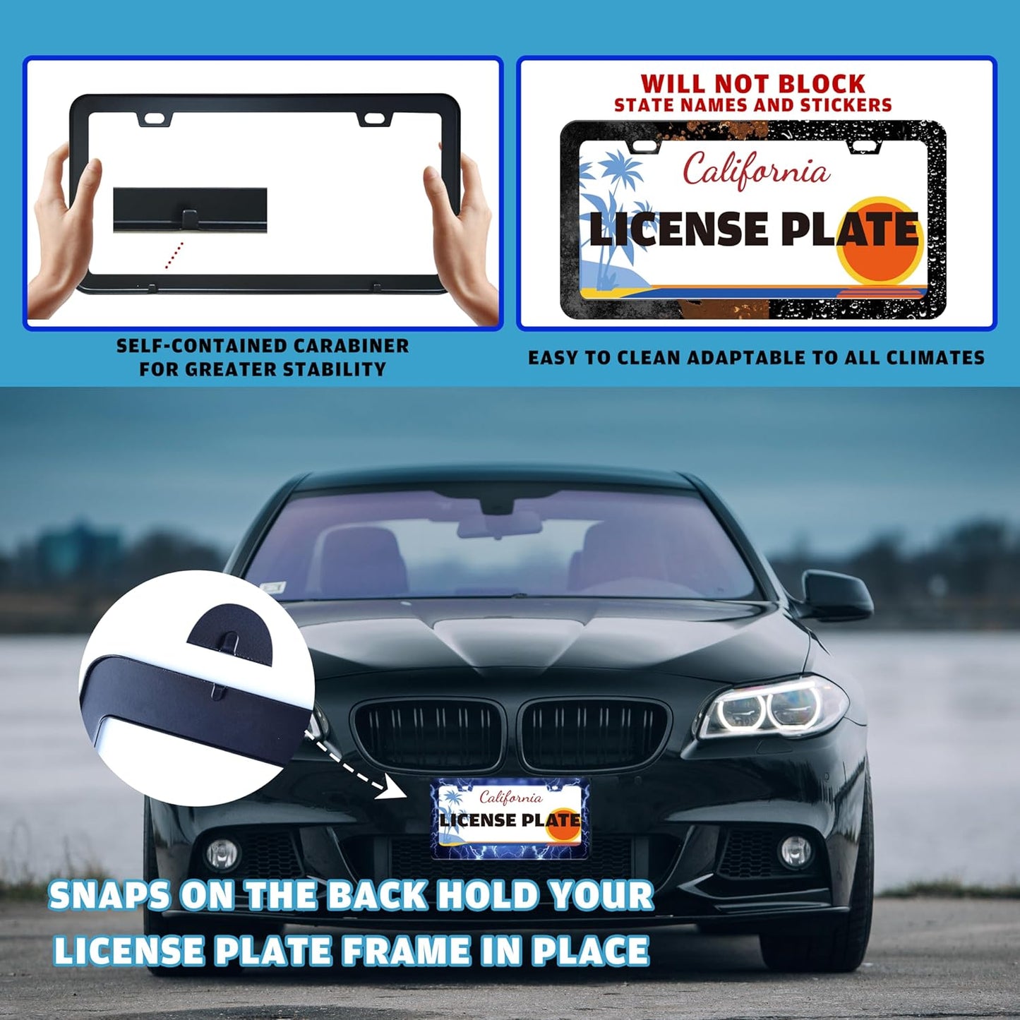 Blue Lightning License Plate Frame Funny Thunder License Plate Holder for Front or Rear Car Tags Reusable Durable Stainless Steel Car Decoration with Screws 6.3 X 12.2 Inch for Men Women