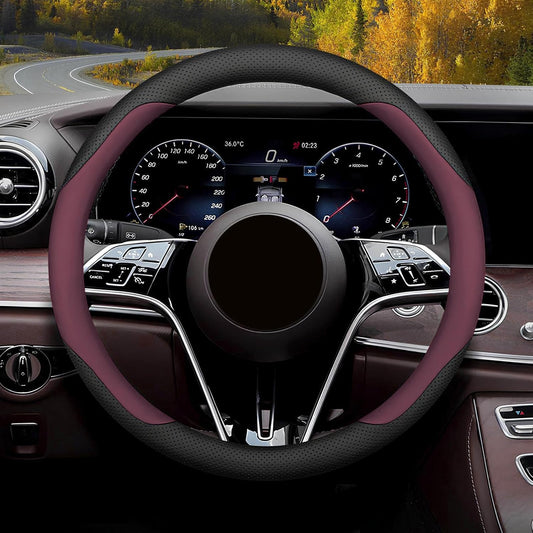 Steering Wheel Cover Standard Size Medium 14.5-15 inch, Breathable Microfiber Leather, Anti-Slip, Soft Grip, Universal Fit for Cars SUVs Trucks, Black and Burgundy