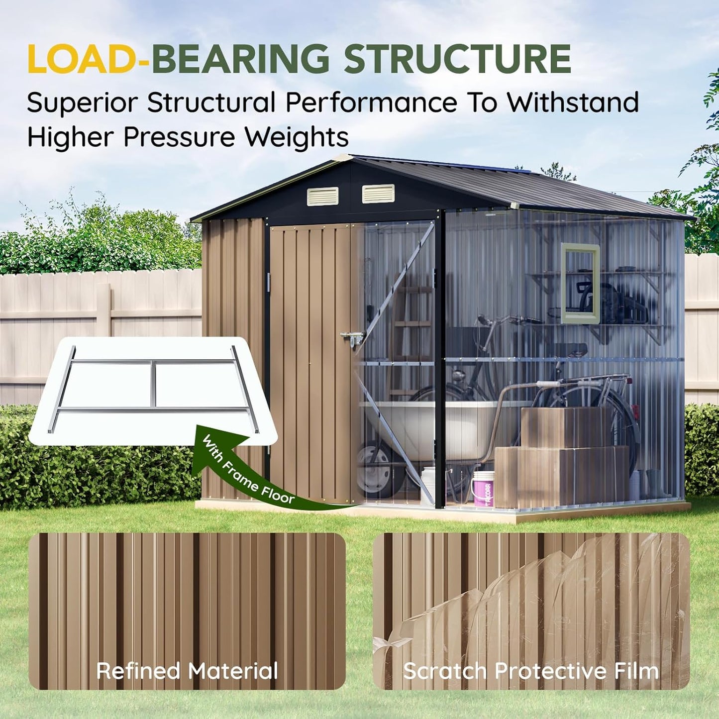 Breezz 8X6FT Outdoor Steel Storage Shed with Frame Floor,Clear Window, Lockable Doors, Weather-Resistant Metal Tool Shed for Garden, Backyard, Patio, and Utility Storage Brown