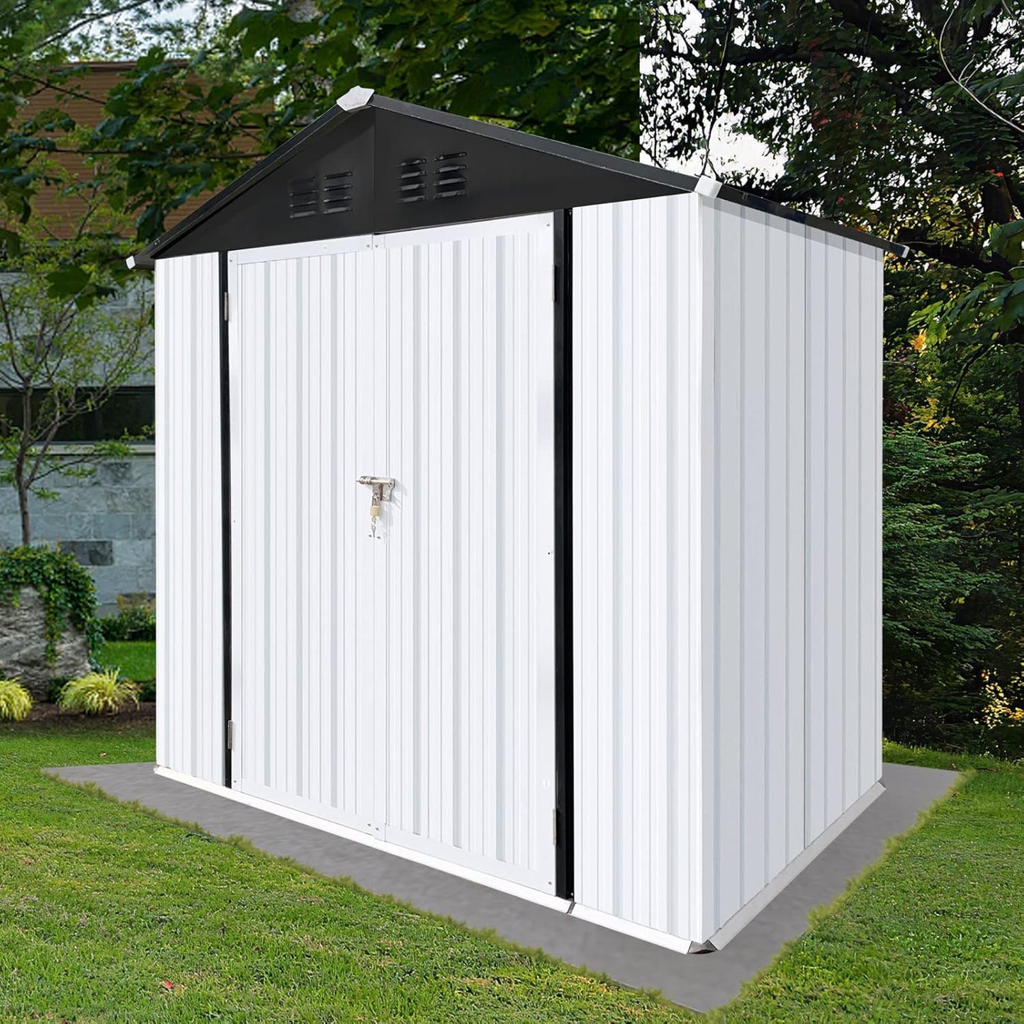 4x6 FT Outdoor Metal Storage Sheds with Apex Roof,Single-Storey Waterproof Roofed Structure Garden Shed w/Lockable Doors,for Lawn Equipment Tool Sundries,White+Black