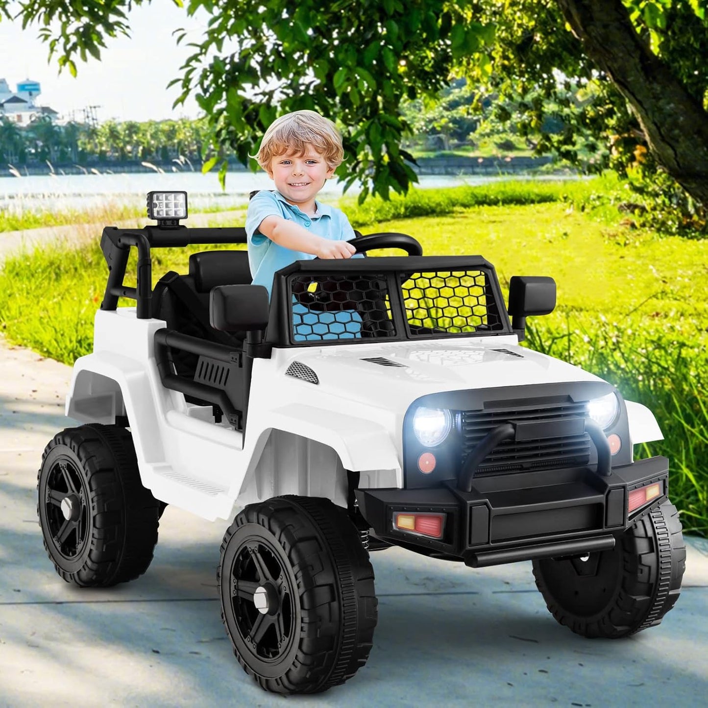 OLAKIDS Kids Ride On Truck, 12V Electric Vehicle Jeep Car with Remote Control, Toddlers Battery Powered Toy with 2 Speeds, Spring Suspension, Double Open Doors, LED Lights, Music, TF, USB, Mp3 (White)