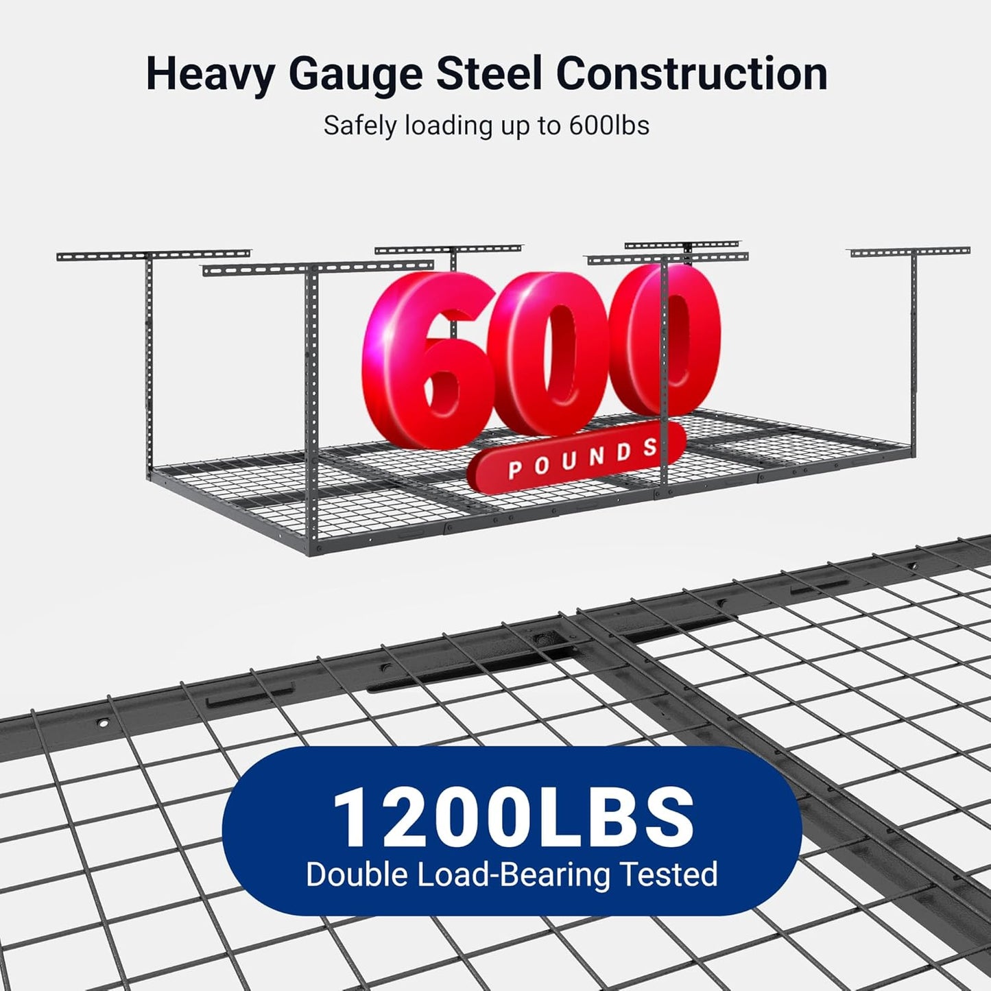 FLEXIMOUNTS 4x8 Overhead Garage Storage Rack, Adjustable Organization System, Heavy-Duty Metal Ceiling Racks, 600lbs Weight Capacity, Hammertone