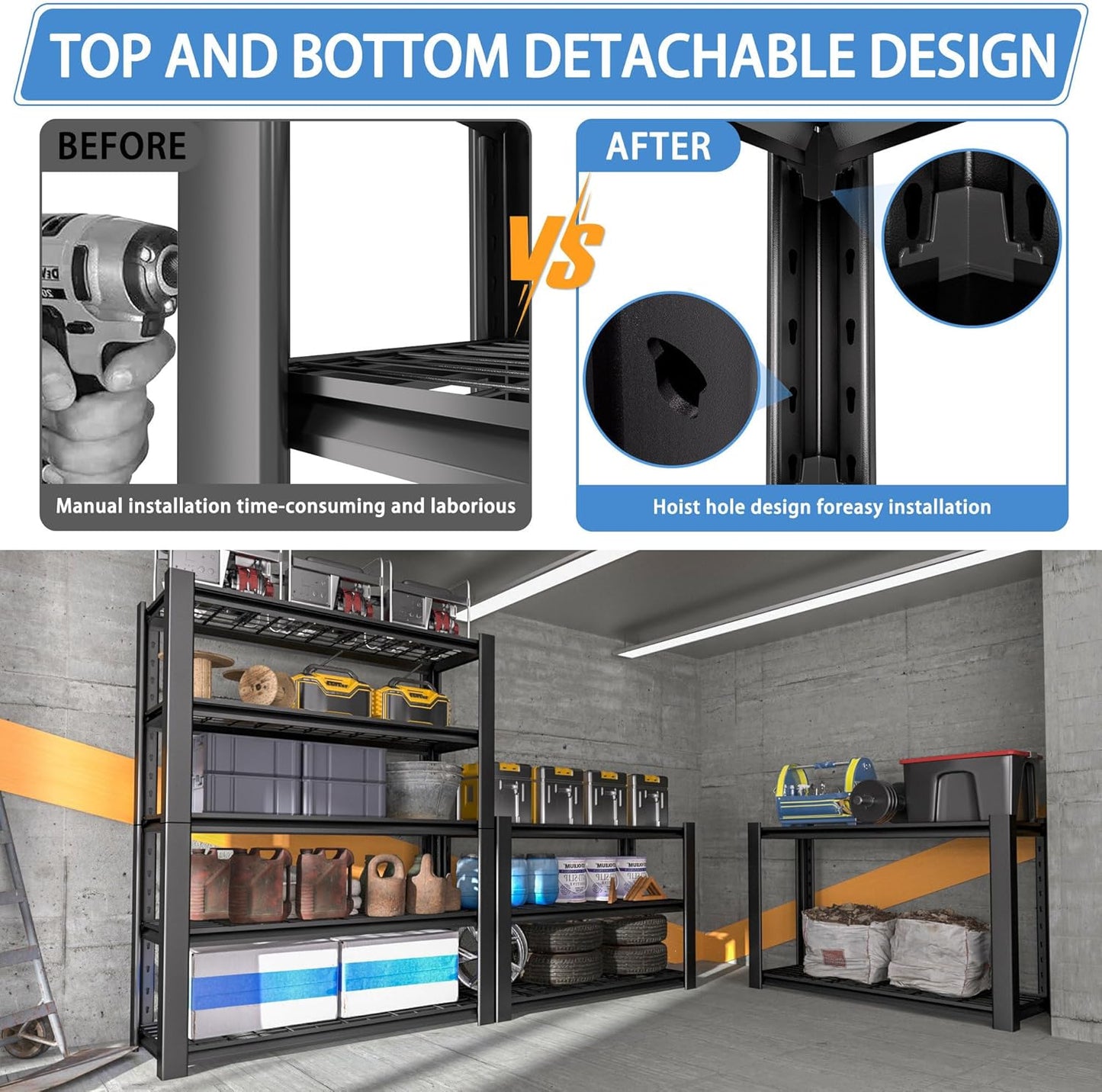 5-Tier Heavy Duty Garage Shelving Unit with Wire Shelves,3000 LBS Capacity Metal Storage Rack 72"H x 48"W x 20"D,Adjustable Boltless Steel Shelves for Garage,Basement,Pantry,Warehouse.1 Pack
