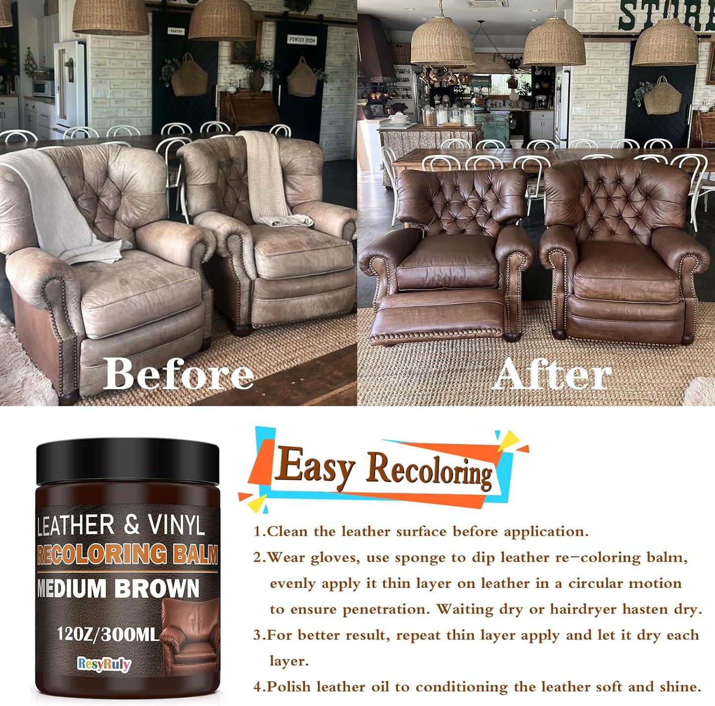 Leather Recoloring Balm Medium Brown Dye Vinyl Car Interior Leather Boat Seat Paint Furniture Couch Recliner Chair Boot Jacket Shoe Bag Purse Belt Color Restorer Fading Stain Scratch Remover Repair