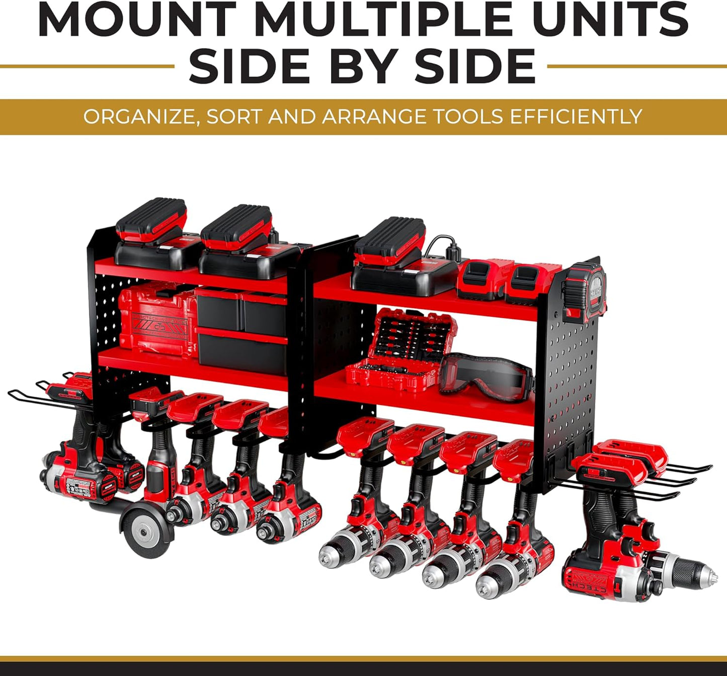 Power Tool Organizer-6 Drill Holder Wall Mount, 3 Tier Heavy-Duty Hand Tool Storage Rack, Utility Racks, Drill Holder, 2 Pegboard Sides - Garage Storage Cordless Tool Organizer (Red)
