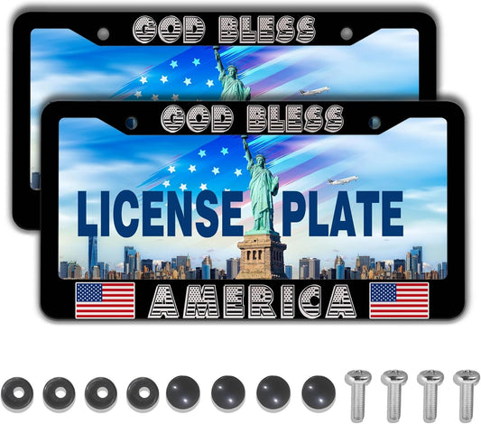 Car Plate Frame for Men Black and White License Plate Frames for Women God Bless America Aluminum Metal Car Accessory 2 Pack with Screw Covers Set