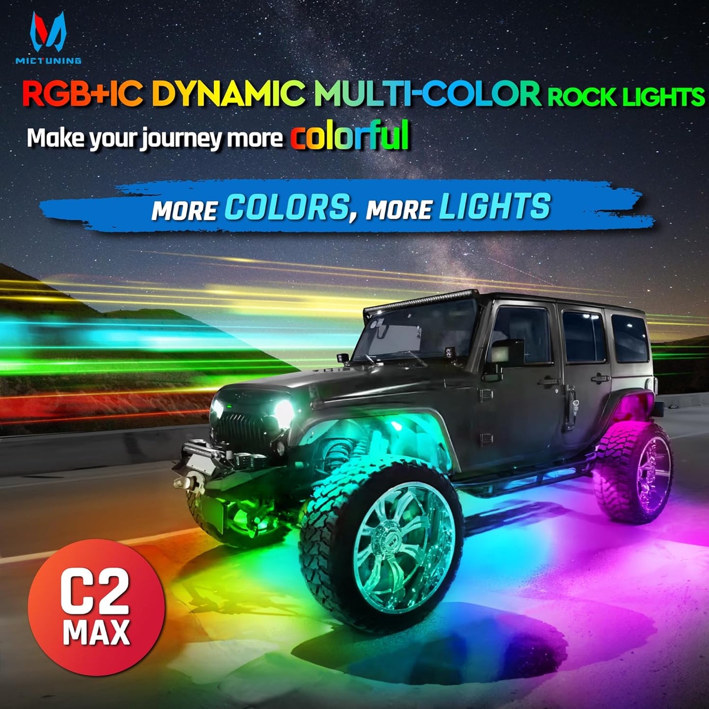 MICTUNING C2 Max RGB+IC Chasing Color LED Rock Lights - 12 Pods Underglow Lighting Kit, Dynamic Lighting Modes, Extensible Up to 24 Pods with Stable APP Control, IP68 Waterproof, DIY Effect