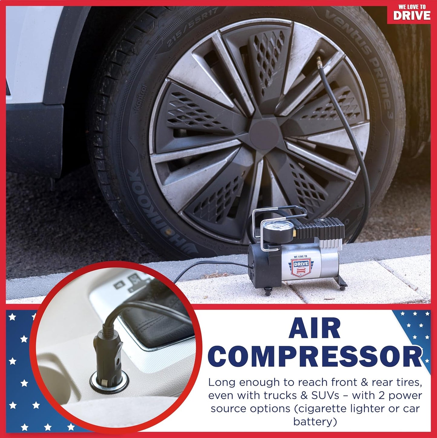 Tire Inflator Portable Air Compressor For Car Tires & Inflatables, 12V DC One Cylinder Air Pump For Emergency Kit with 150 PSI Pressure Gauge, Adaptors, Hose, Car Plug, Clip Connectors & Carry Bag