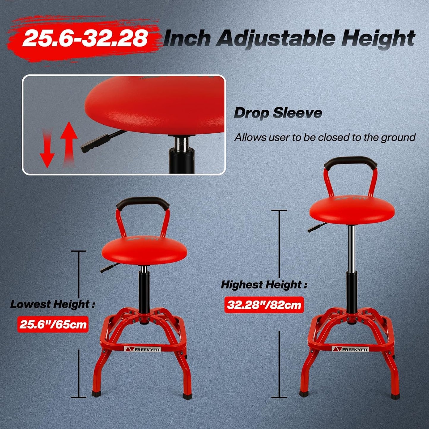 Garage Stool, Adjustable Height Swivel Work Mechanic Shop Stool with Backrest, Pneumatic Shop Chair for Home, Workshop, 300 LBS Capacity, 360° Rotation, Heavy Duty, Red