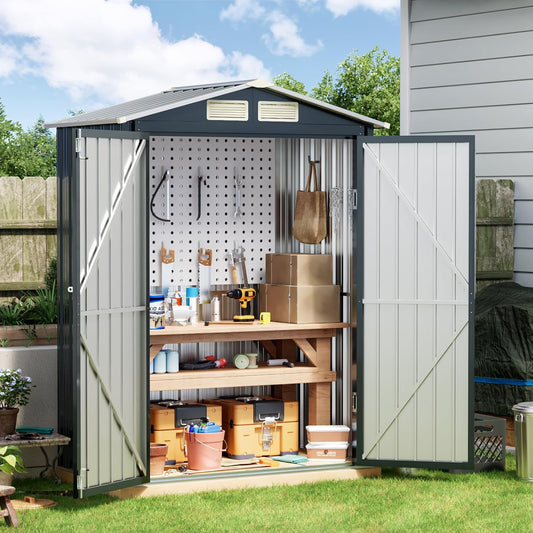 Breezz 5x3FT Vertical Outdoor Steel Storage Shed with Floor Frame, Lockable Doors, Compact Metal Tool Shed for Garden, Backyard, Patio, Utility, and Bike Storage,Nightblue