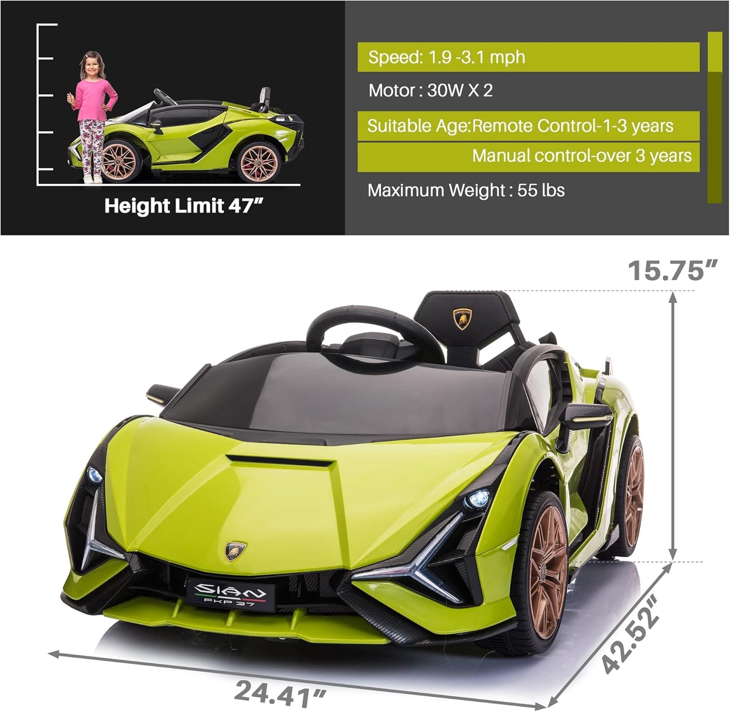 TOBBI Electric Ride On Car Toy for Kids to Drive, 12V Battery Powered Licensed Lamborghini SIAN with Parent Remote Control for Toddlers 3-6 Years w/Functions Spring Suspension/Horn/LED Lights-Green