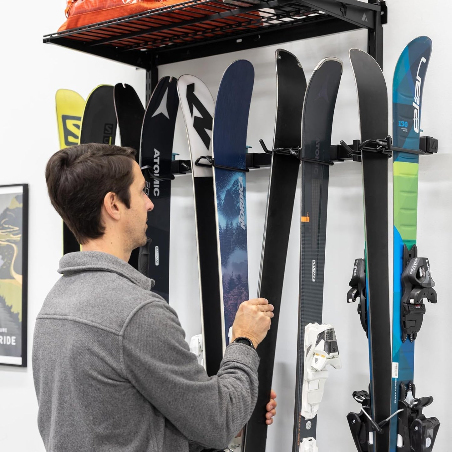 StoreYourBoard Lone Peak Ski Storage Rack and Wall Shelf, Holds 5 Pairs of Skis and Poles, Supports 300 lbs, 46 in x 13.75 in x 16 in