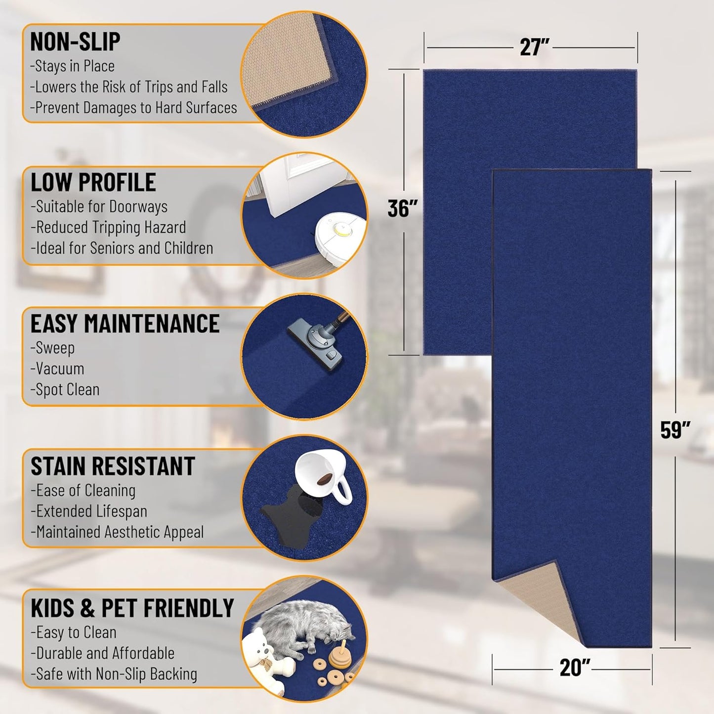 Ottomanson 2-Piece Kitchen Rug Set - Non Slip, Runner & Small Area Rug - Solid - 20" x 59" & 2'3" x 3' - Durable, Stain Resistant for Entryway, Bedroom and Bathroom, Navy