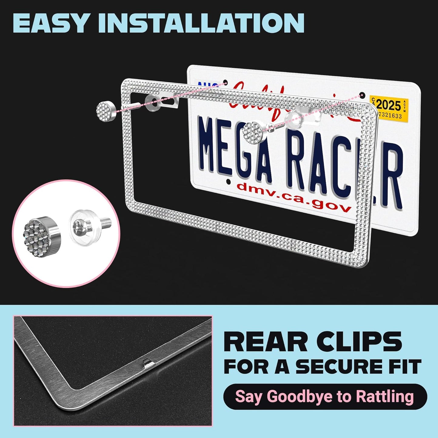 Dazzling Bling License Plate Frame for Women - 1 Pack, 800 Premium Rhinestones, Rust-Free Stainless Steel, Street Legal Slim Design, Sparkly Diamond Car Tag Holder with Glitter Crystal Screw Covers