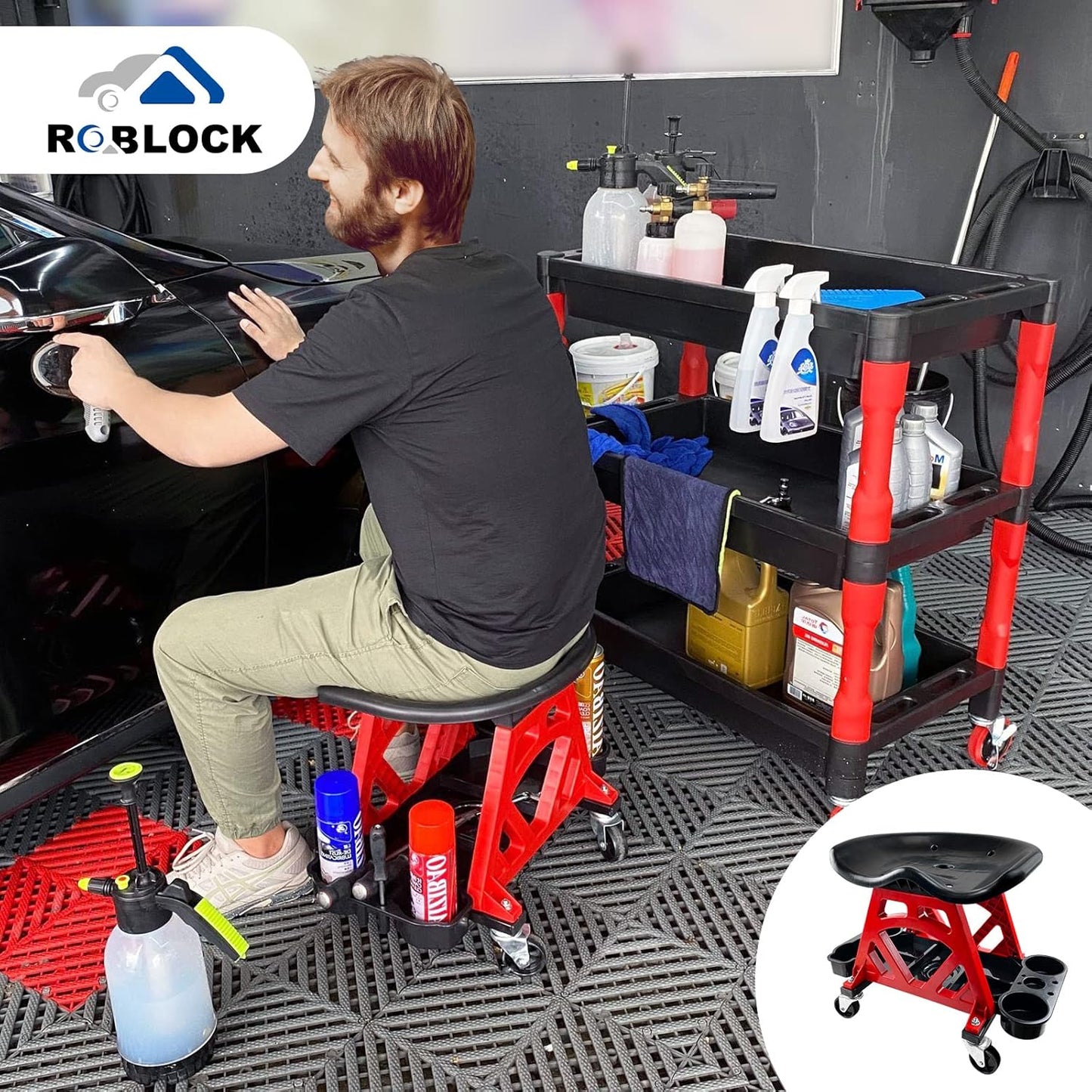 ROBLOCK Durable Mechanic Stool Chair With Wheels, Heavy Duty Garage Shop Rolling Seat, Car Detailing Creeper With Tool Tray for Workshop, Auto Repair Shop and Home