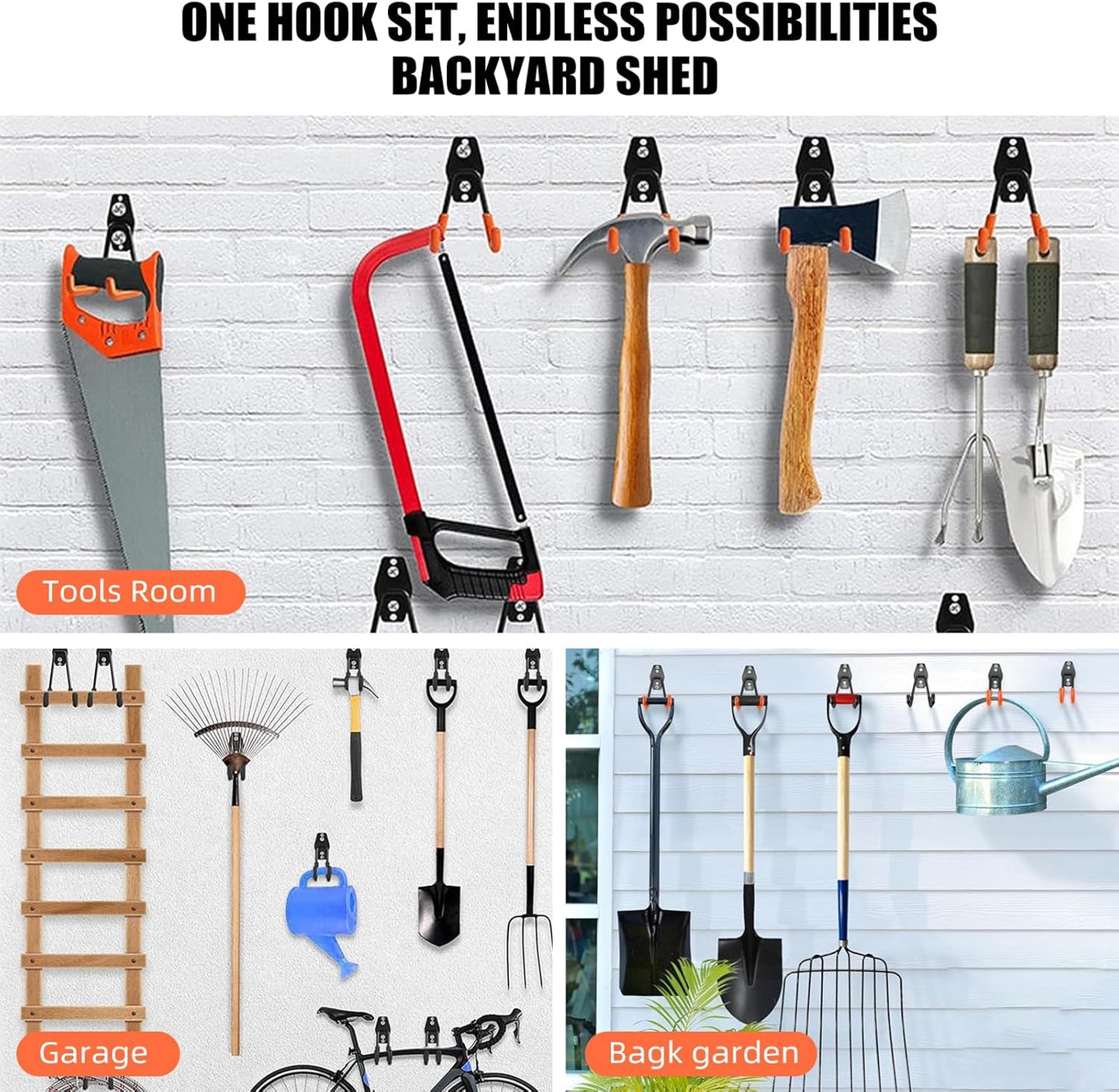 6-Pack Small Square Heavy Duty Garage Hooks, Ideal for Hanging Ladders, Bikes, Tools, Garage, Garden, Basement, Shed, Utility Room Storage (Orange)