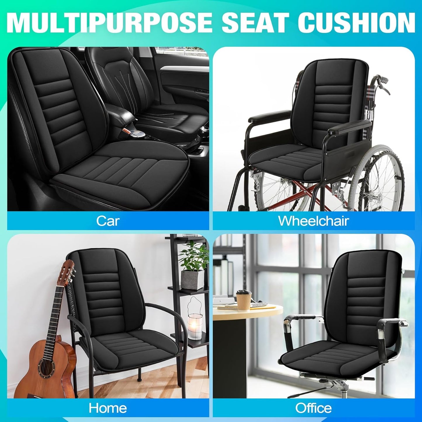 MYFAMIREA Car Seat Cushion and Back Support Pillow 1.2'' Thick Memory Foam Desk Chair Cushion Back Support for Automotive Seat Driver, Travel, Leg and Back Pain Relief, Washable, Adjustable, Black