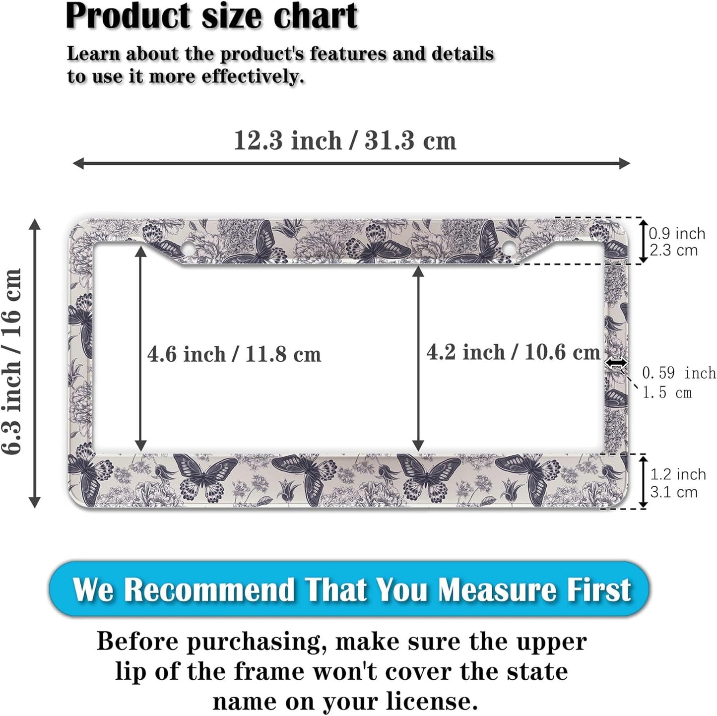 Automotive Exterior Accessories Black and White License Plate Frames Butterfly Flowers Universal Aluminum Car Accessory 2 Pack with Screw Covers Set