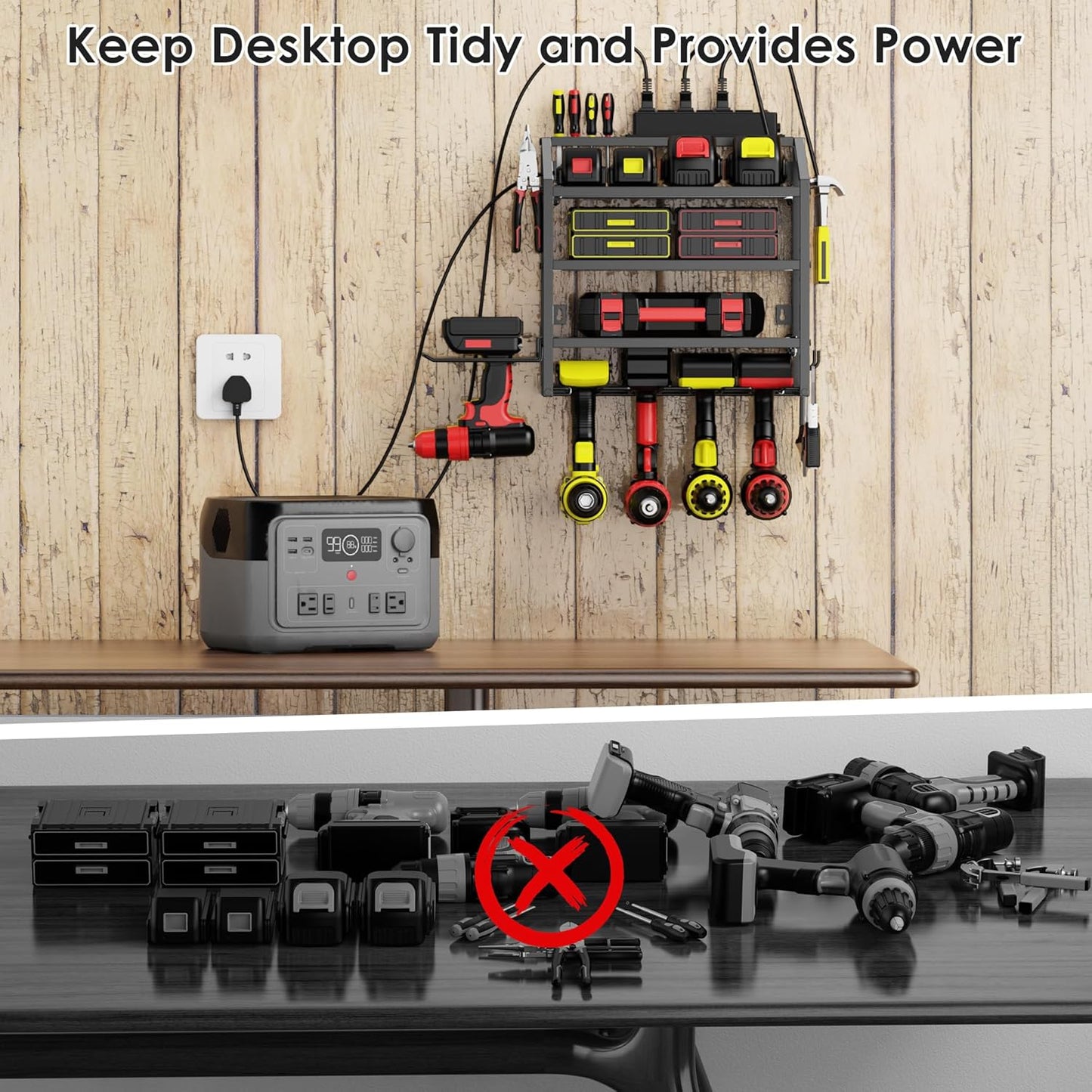 Power Tool Organizer Wall Mount with Charging Station, 4 Layer Storage Rack and Tool Holder for Garage Organization, 6 Drill Holder Wall Mount, 4 Hooks and 6 Outlet Power Strip, Great Men's Gift