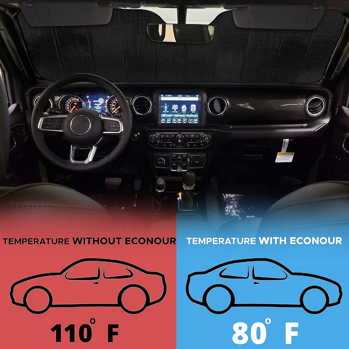 EcoNour Accordion Windshield Sun Shade for Jeep Wrangler | Car Shade Front Windshield Designed for Jeep Wrangler| Dashboard Sun Visor for UV and Heat | XS 53 x 17 inches