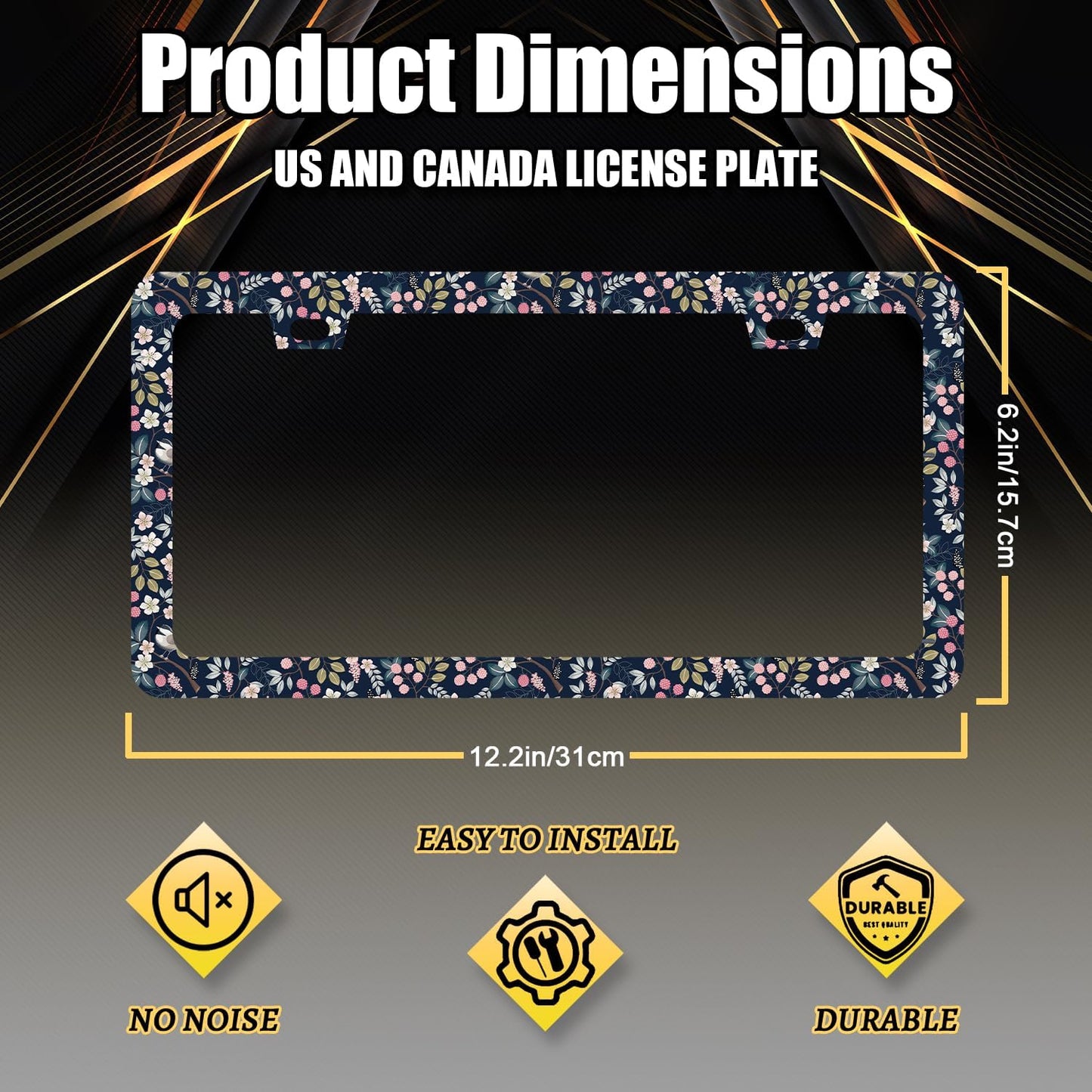 Blue Floral Flowers License Plate Frame Beautiful Flower License Plate Holder for Personalise Women Car Decorative Stainless Steel Colorful License Plate Auto Parts with Screws 12.2" x 6.2"