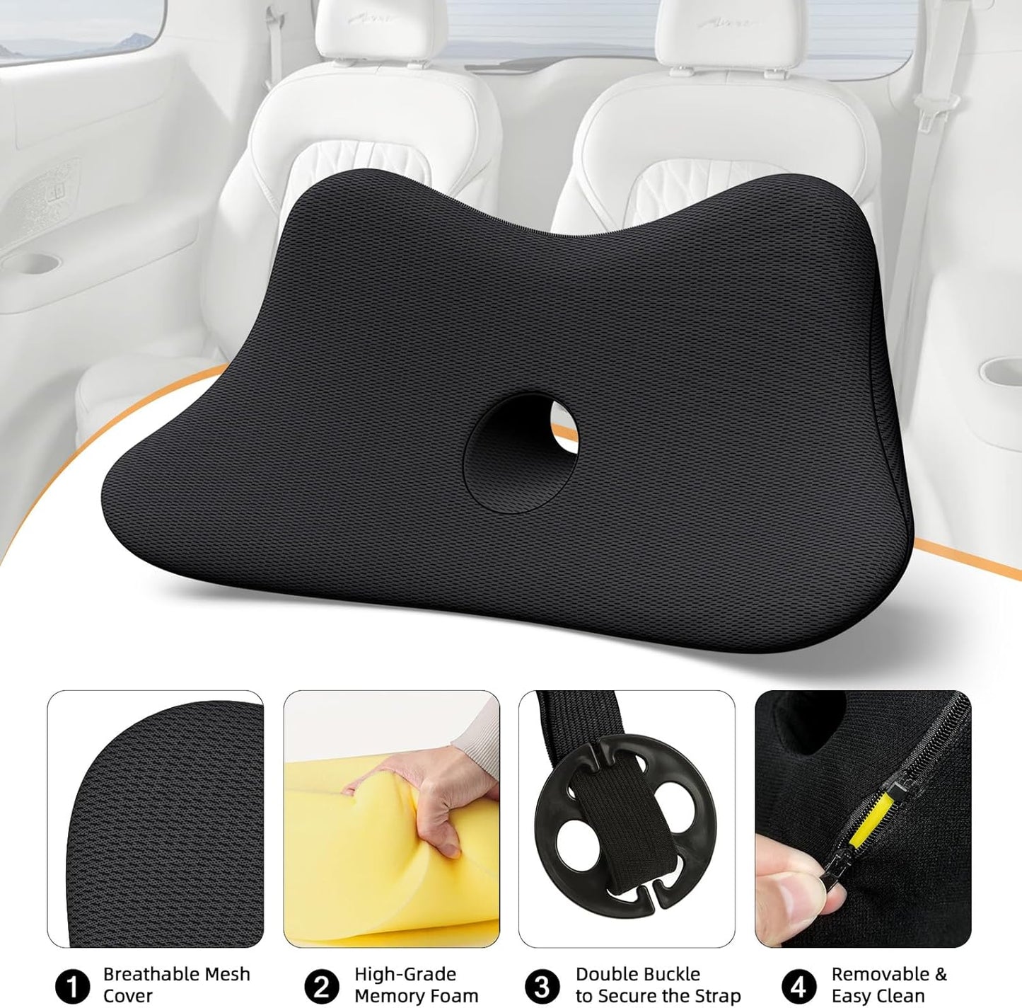 Benazcap Lumbar Support Pillow for Car, Lower Back Support Pillow for Sciatica & Back Pain Relief, 2 in 1 Memory Foam Seat Cushion for Office Chair, Car Seat - Black