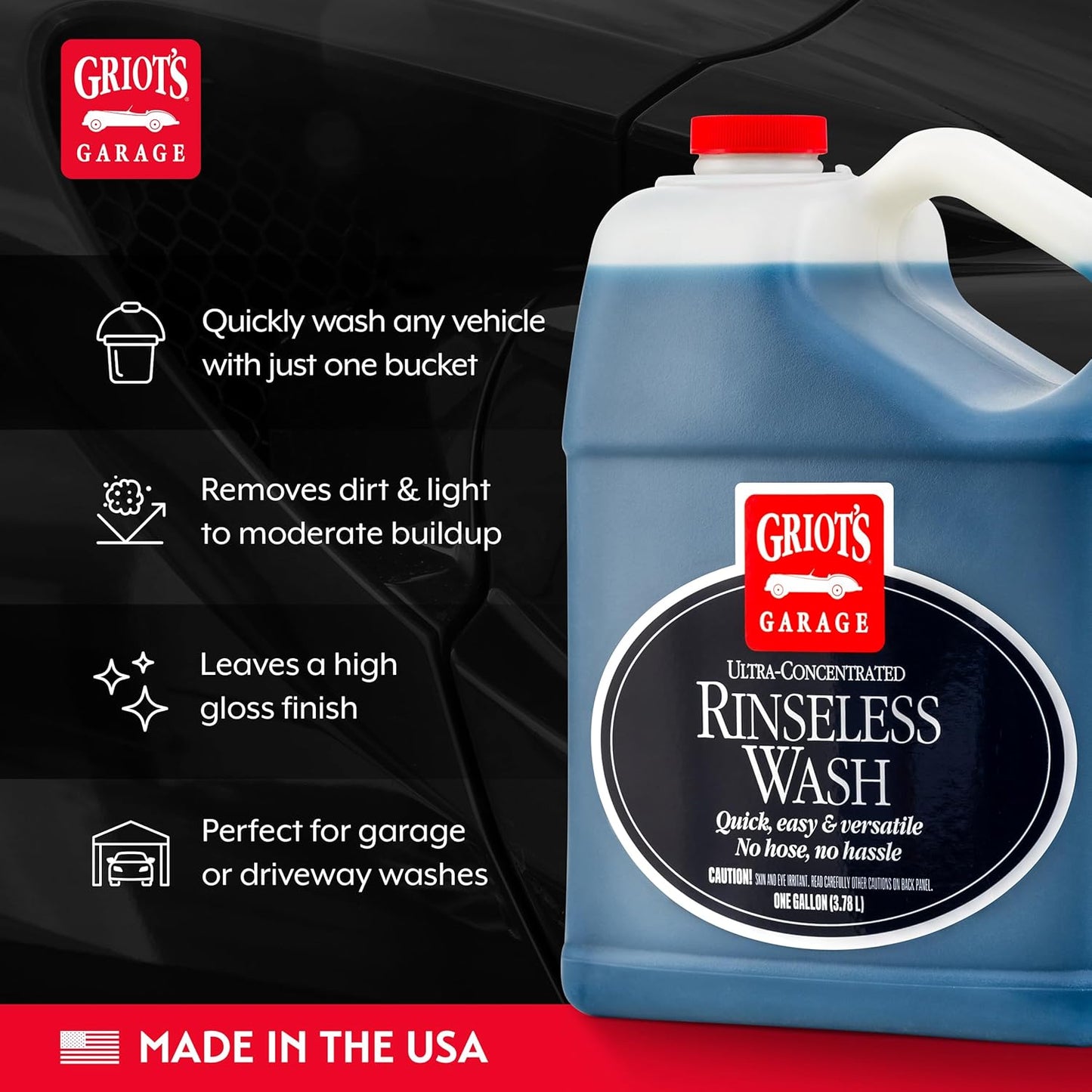 Griot's Garage Rinseless Wash for Car Cleaning and Detailing, No-Rinse Vehicle Washing, Dilutes Into Detailer, Clay Bar Lubricant, 10488, One Gallon