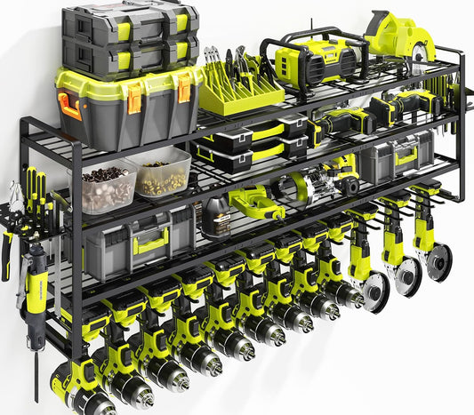 KAFAHOM Large Power Tool Organizer Wall Mount-13 Drill Holder for Garage,4 Layer Power Tool Rack,Tool Organizer and Storage with 2 New Accessories, Gifts Idea for Men Dad Husband