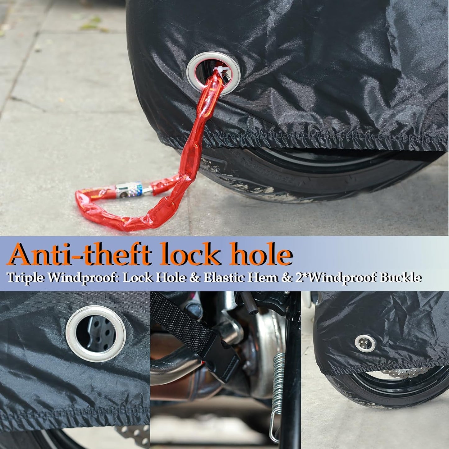 Motorcycle Cover, 210D Oxford Cloth, with Reflective Stripes, Waterproof Outdoor Protection, All-Weather Universal car Cover, with Lock Holes and Storage Bag. (All Black, 116")