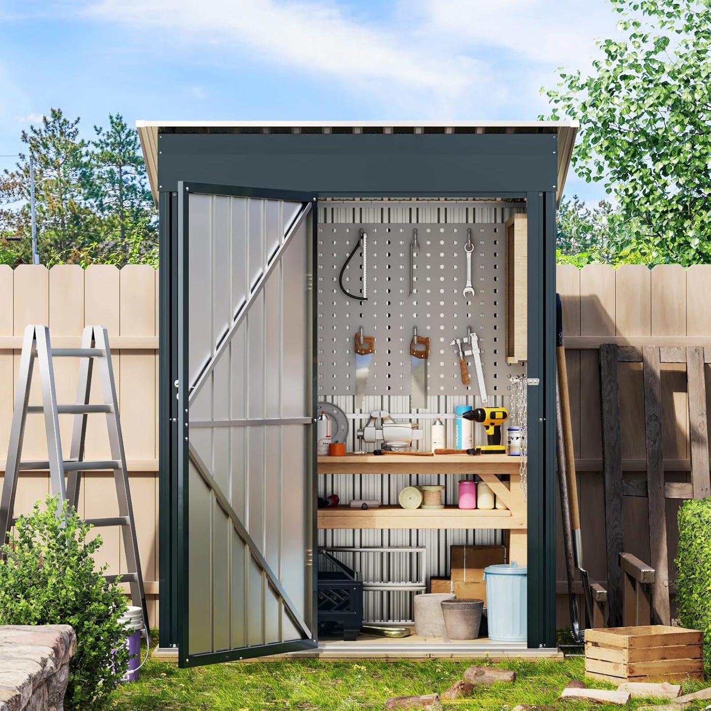 5X3X6.1FT Outdoor Steel Storage Shed with Frame Floor and Lockable Doors, Ideal for Garden, Backyard, Patio Storage