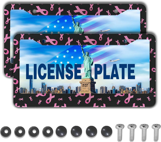 License Plate Frames for Men Black Powder Car License Plate Frame for Women Pink Ribbon Aluminum Metal Car Accessory 2 Pack with Screw Covers Set