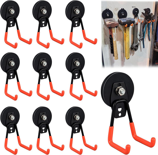 ULIBERMAGNET Heavy Duty Magnetic Garage Hook,10 Pack Strong Large Magnet Hooks for Power Drill,Garden Tools,Hose,Pegboard,Garage, Workshop,Magnetic Storage Hooks for Indoor Outdoor Hanging(Orange)