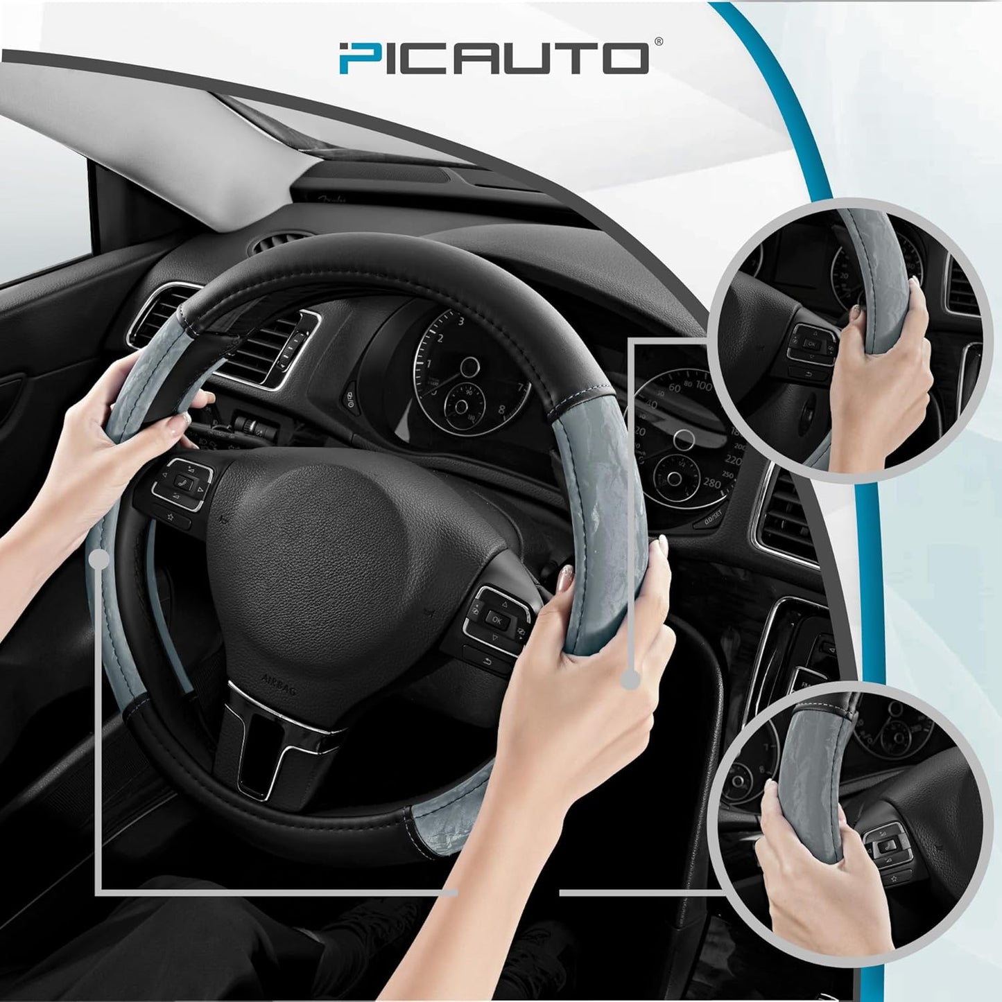 PIC AUTO Steering Wheel Cover, Silk Grain Leather Car Steering Wheel Protector, Comfortable Grip, Universal 14.5-15.5 Inch Anti-Slip Steering Wheels Accessories for Men & Women (Gray)