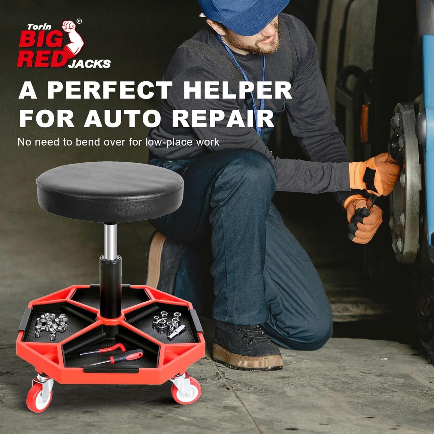 Torin ATRXF8308B Pneumatic Mechanic Stool/Rolling Shop Creeper Seat with Adjustable Height and 4 Removable Tool Trays, 300 lb Capacity, Black/Red