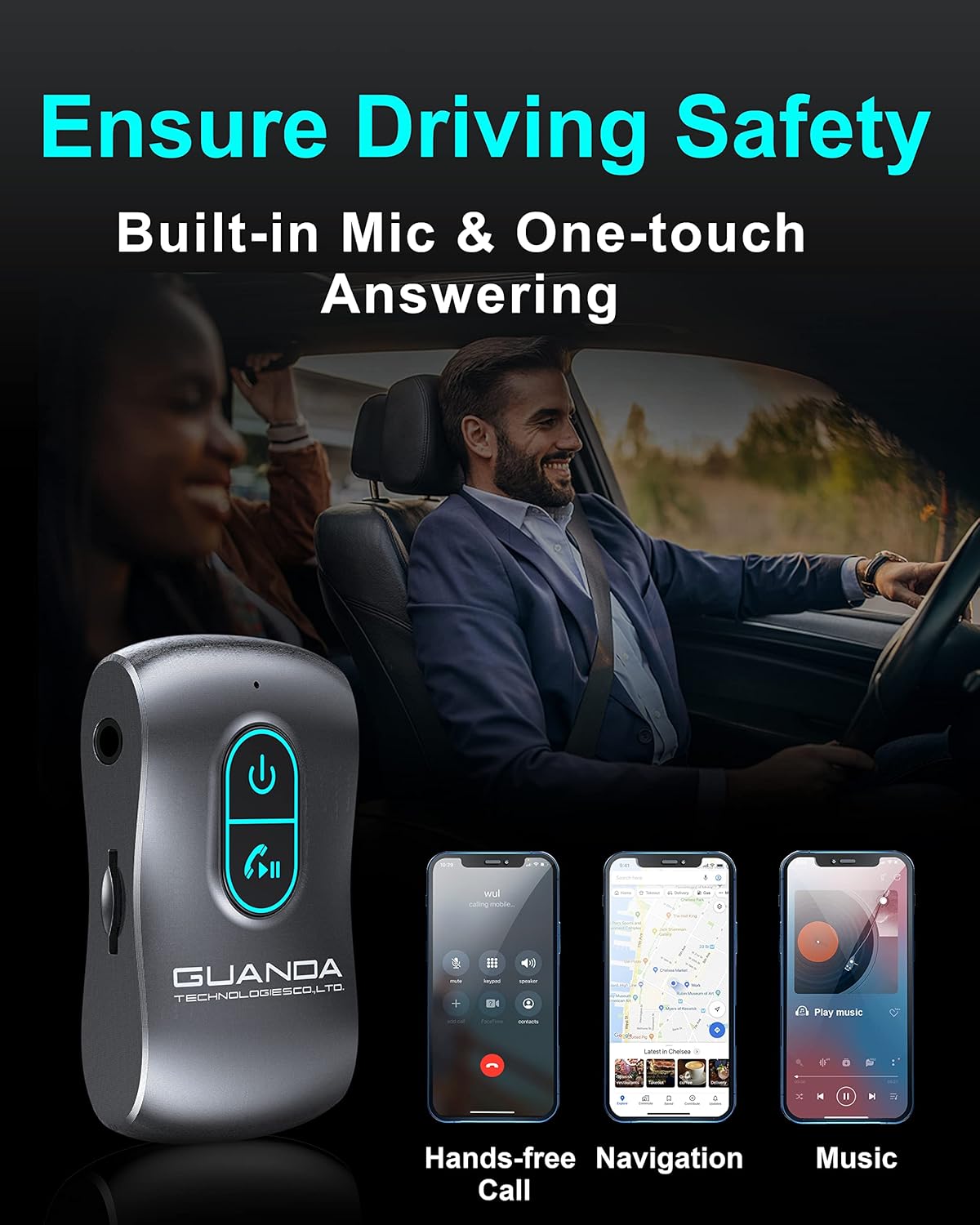 Bluetooth 5.0 Receiver for Car, Noise Cancelling AUX Adapter, Music Receiver for Car Stereo/PC/TV/Home Stereo/Wired Headphones/Speaker with Micro SD Card Slot and Hands-Free Calls