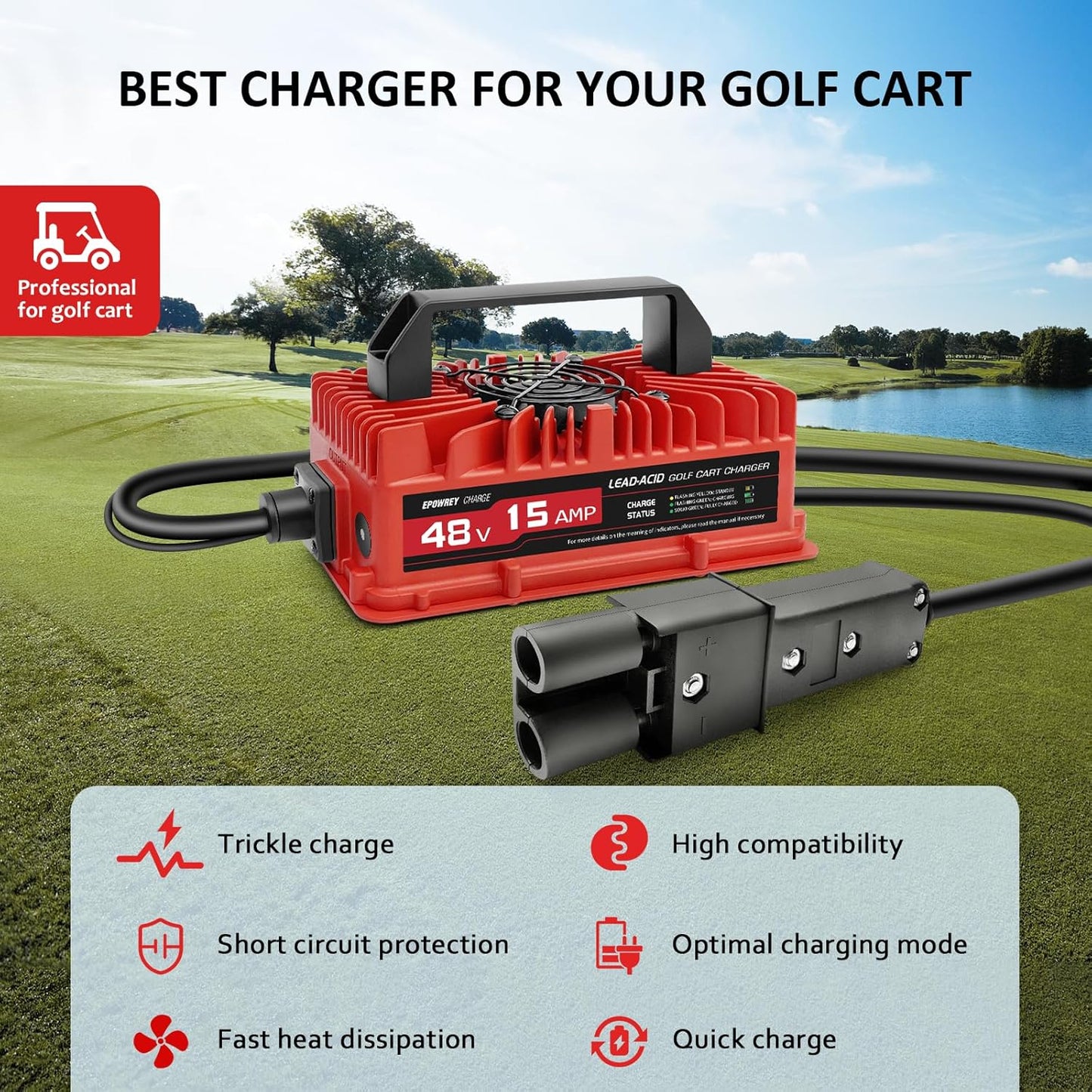 15 Amp 48 Volt Golf Cart Battery Charger for Yamaha G19-G22 with 2-Pin Plug