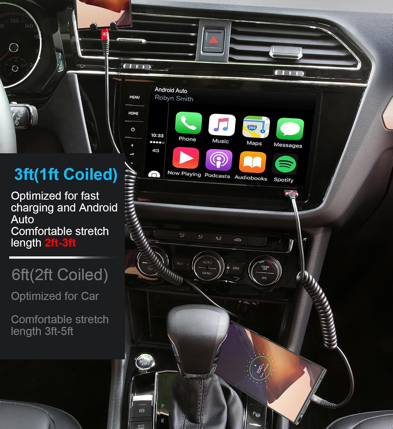 USB to USB C Cable Fast Charging 3ft, 2Pack Coiled USB C Charger Cable for Car, Android Auto USB Type C Charger Cord, USB-C Cable Compatible with iPhone 16/15/Plus/Pro Max/Samsung Galaxy A20 S20 - Red