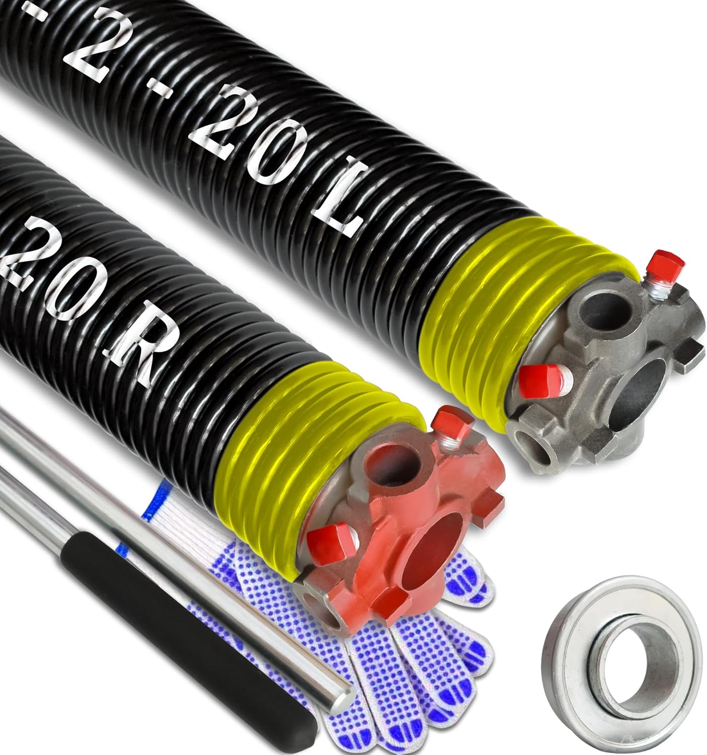 Garage Door Torsion Spring Set, Pair of 2" Electrophoresis Coated Garage Door Springs Replacement with 2 Non-Slip Winding Bars and Bearing, Minimum 16000 Cycles (.207x2x20")
