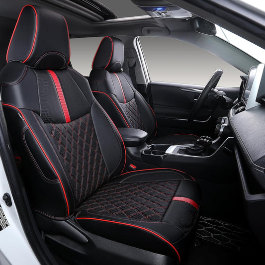 Custom Fit RAV4 Seat Covers for 2019-2025 Toyota RAV4 Hybrid LE,XLE,XLE Premium,Limited Full Coverage Waterproof Leather Car Seat Covers Full Set (Black with Red Trim)