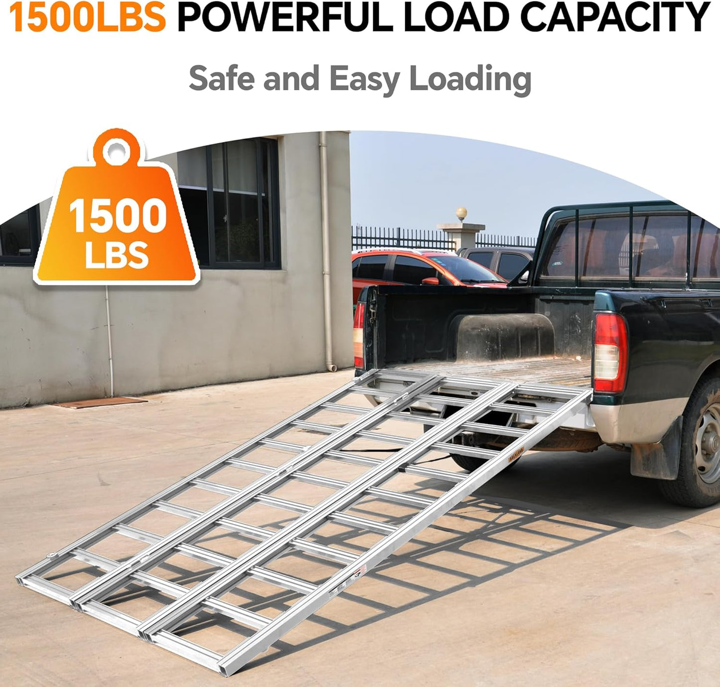 Rockland Tri-Fold Aluminum Loading Ramp, 84" x 54", 1500 LBS Loading Capacity, Portable Ramp for Motorcycles, Ebikes and ATVs, with 2 Safety Straps Included