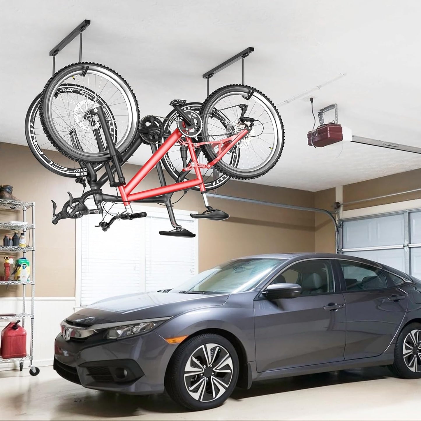 TORACK Overhead Bike Rack for Garage, Ceiling-Mounted Bicycle Storage Hooks for 2 Bikes (Horizontal) or 4 Bikes (Vertical), Adjustable Bicycle Hooks for Mountain, Road, and Kids' Bike