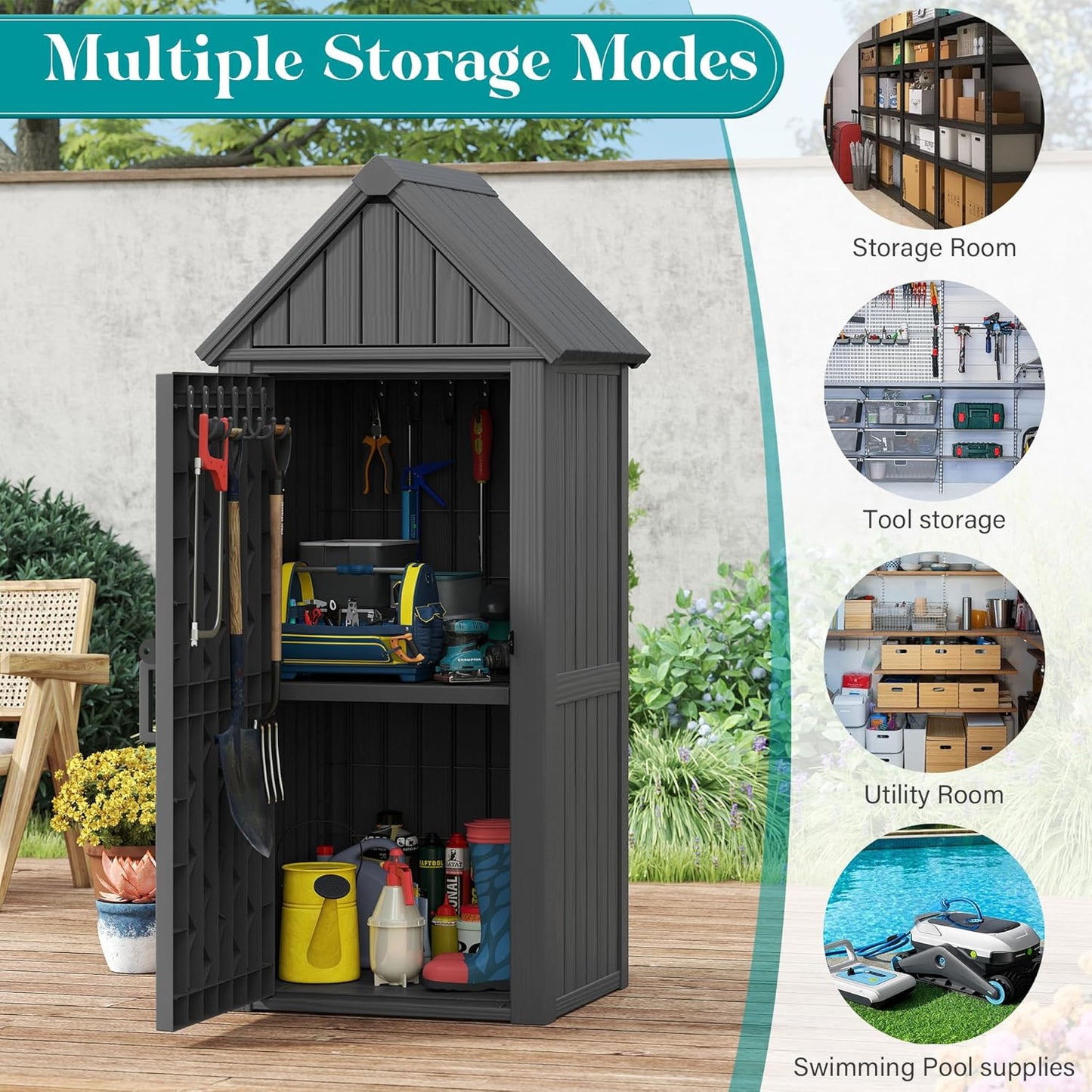 Shed Outdoor Storage Shed with Sloping Roof and Lockable Door, Resin Outdoor Storage Box Cabinet Waterproof and Multiple Hooks for Backyard, Patio, Poolside, Black