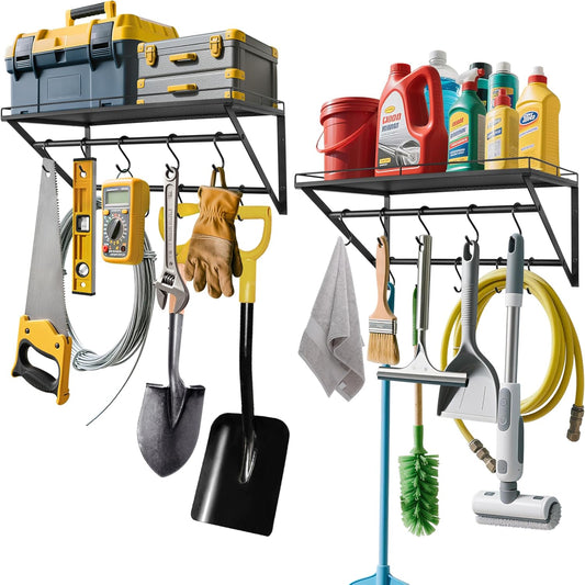 RedCall 2 Pack Garage Wall Shelf with 10 Hooks,23.5" x 13"Wall Mounted Storage Shelves with 2 Hanging Bars Rack for Garage, Closet, Laundry Room,Heavy Duty Metal Shelves