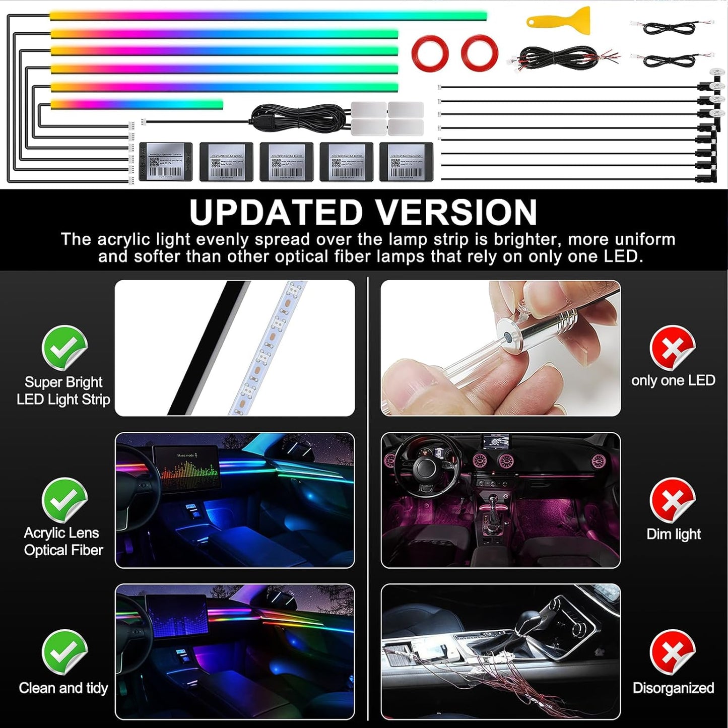 Dream+Color Acrylic Interior Car LED Strip Light with Wireless APP, RGB 18 in 1 with 175 inches 593 LEDs Fiber Optic Strip Lights for Car, Dynamic Chasing Music Sync Neon Ambient Lighting Kits